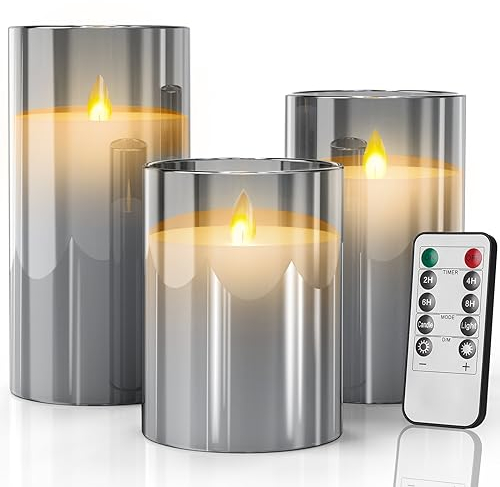 SUNNEST LED Kerzen Flammenlose im Glas, batteriebetrieben, mit Fernbedienung und Timerfunktion, realistisches, warmes Licht mit Flammenschütteleffekt, Set aus 3 Wachs Säulenkerzen, Grau