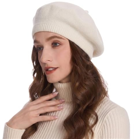 ZLYC Kvinnor vinter basker hatt fransk kashmir varm konstnär klassiskt tryck hatt, Massivt vitt, en storlek