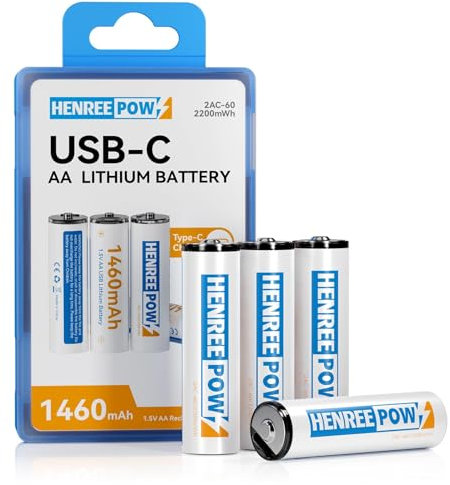 Henreepow Rechargeable AA Batteries, USB Lithium Double A Battery, 1.5H USB C Fast Charging 1.5V Constant Voltage 1200 Cycle Long Lasting Power Batteries (4 Pack)