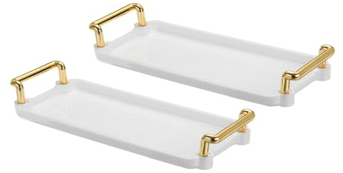 PATIKIL Plastique Service Plateau avec Doré Poignée Réutilisable, 2 pcs 8.9 x 3.9 Moderne Rectangulaire Décoratif Plateau Bijoux Plateau pour Comptoir Salle Bain Cuisine, Blanc