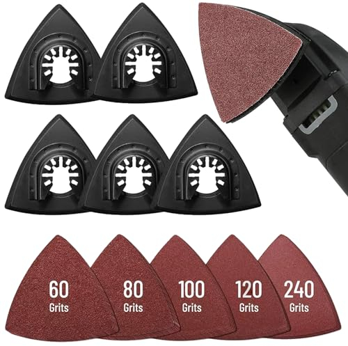 Multitool Schleifplatte für Delta-Schleifer: TOATELU 125 Stück Schleifpapier Dreieck+5 Dreieckiges Schleifpadhalter, Schleifset Schleifpapier, Je 25 Stück 60/80/100/120/240 für Delta-Schleifer