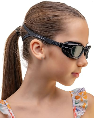 AqtivAqua Occhialini da nuoto per bambini 6-14 3-6 occhialini da nuoto per bambini ragazze ragazzi MINI-DXP (tutti neri, lenti polarizzate)