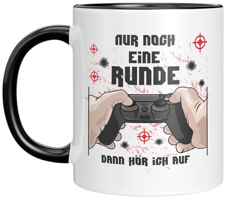TassenTicker - Nur noch eine Runde - dann hör ich auf - Tasse - Gamer - Kaffeebecher - Controller - Motiv - lustiger Spruch - Zocker - Geschenkidee - Schwarz