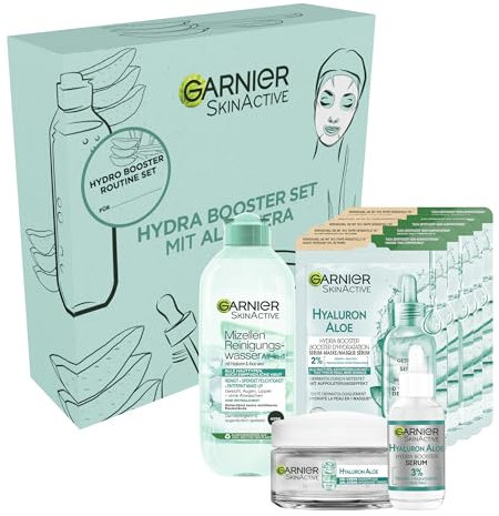 Garnier Aloe Vera Pflegeset: Geschenk- und Pflegeset mit Mizellen-Reinigungswasser, Hydra Bomb Aloe-Tuchmaske, Gel-Tagespflege und Hydra-Booster-Serum mit Hyaluronsäure für das Gesicht