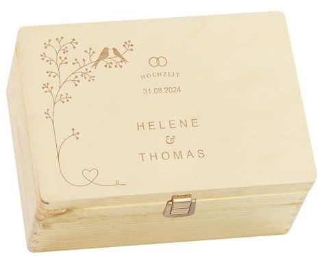 LAUBLUST Personalisierte Hochzeitskiste Erinnerung - Geschenkkiste Hochzeit mit Gravur - Vogel-Pärchen | Personalisierte Geschenke für Brautpaar - FSC® (Natur mit Verschluss, ca. 20 x 15 x 10 cm | S)