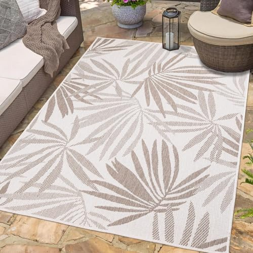 carpet city Outdoor Teppich Wetterfest 120x170 cm - Creme-Beige - Wendeteppich, Beidseitiges Florales Muster - Balkonteppich Wasserfest Outdoor - Terrassenteppich