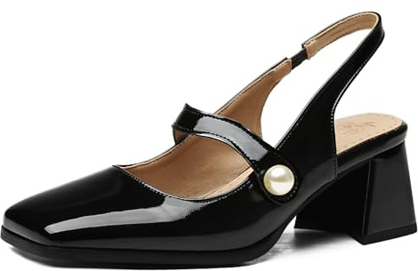 Gicoiz Damen Square Toe Mode Mary Jane Lack Hochzeit Schuhe Slingback Elegant Blockabsatz Schuhe Party Knöchelriemchen Pump Weit Fit Schwarz Gr 43 EU-45Cn
