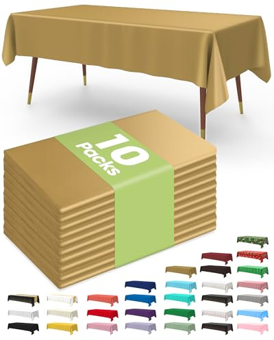 Pureegg Plastic Table Cloth Disposable 10 Pack, 54 x 108 Inch Table Cloths, Graduation Decorations, Thanksgiving, Christmas Tablecloths, Rectangle, Plastic Cover, Leakproof & Sturdy, Gold