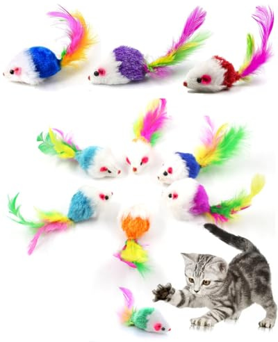 JEXOWIQ Katzenmäuse Spielzeug,10 pcs pelzige Kätzchen Mäuse Katze Spielzeug Maus Rassel Mäuse Spielzeug Katze Catcher Haustier Spielzeug mit Federschwänzen für Katzen Spaß Spielen