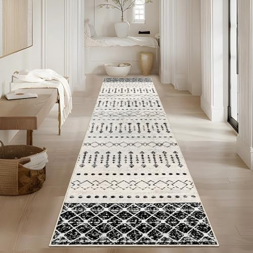 Homcomodar Alfombra de Pasillo Lavables 65x240cm Boho Negro Alfombras de Habitacion Largas Alfombra Pelo Corto de Cama Cocina Lavadero
