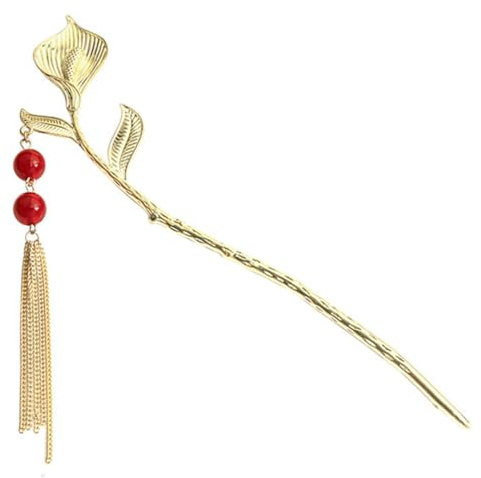 Tulpenförmiger Haarstab mit Quasten, Goldfarbene Legierung | Vintage Stil, Kunststoffakzente, Traditionelles Chinesisches Haaraccessoire, Elegant und Einzigartig