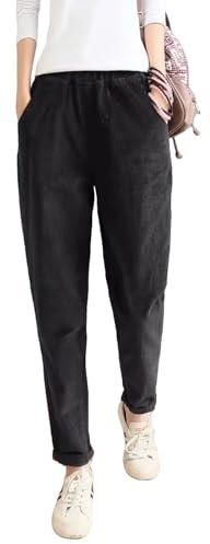Himifashion Pantalon décontracté pour femme - Automne et hiver - Velours côtelé - Taille élastique - Pantalon chaud, Noir , XXL