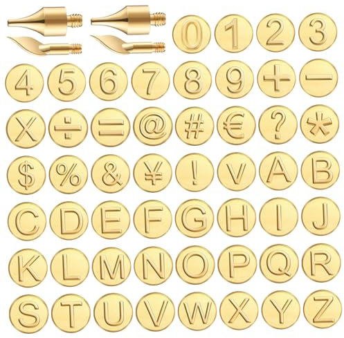 Wood Burning Letters 56PCS/Set Brass Wood Burning Numbers with Wood Burning Tip Wood Burning Tool with Letters Including Alphabet Number Symbol Wood Burner Craft DIY Embossing Carving