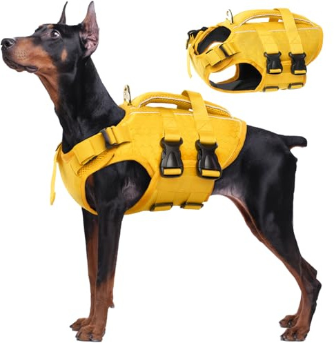 Kuoser Schwimmweste Hund mittel, Hunde Schwimmweste mit Griff, Gelb L | Ripstop Hunde Schwimmweste mit hohem Auftrieb, verstellbar für kleine mittelgroße & große Hunde, mit reflektierenden Streifen