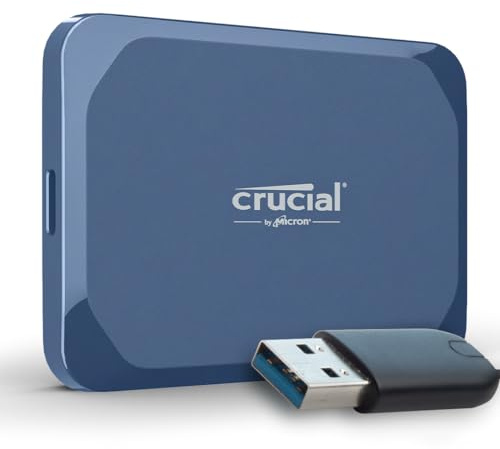 Crucial X10 2TB SSD Externo Portátil con Adaptador USB-A, hasta 2100MB/s, USB-C, Clasificación IP65 de Resistencia al Agua y al Polvo, Disco Duro Sólido Externo, Azul Mate - CT2000X10SSD9-02