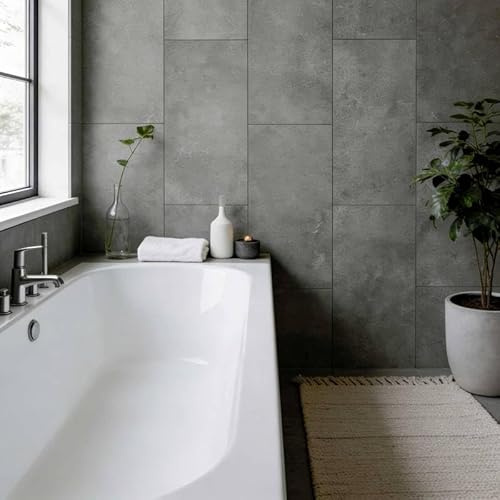 DECOON - Lot de 8 Dalles Murales Douche - Panneaux muraux salle de bain - Facile et rapide à installer, Etanche, Sans Joints - Revêtements en SPC - Décor effet Pierre Gris - 38,9x77,8cm - 2,42M²