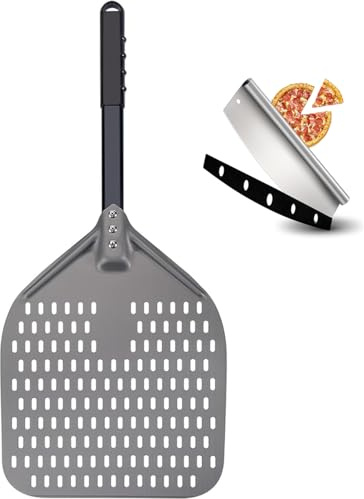 Spurleh Pizzaschaufel Perforiert mit Pizzaschneider Pizzaschieber Perforierter Pizza Schieber Pizzaheber Pizza Schaufel aus Hart Eloxiertes Aluminium mit Verlängertem Silikongriff 30 x 30 cm, 67 cm