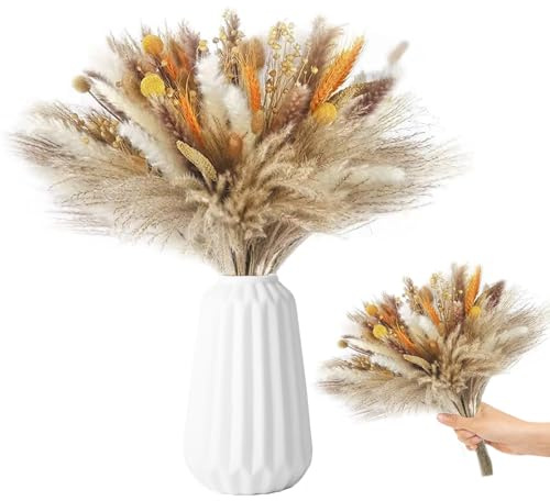 Trockenblumenstrauß – Natürliche Trockenblumen & Pampasgras Deko, 100-teiliges Deko-Set für Herbstdeko, Hochzeit, Wohnzimmer, Boho Vase, Tischdeko, langlebige Blumendeko