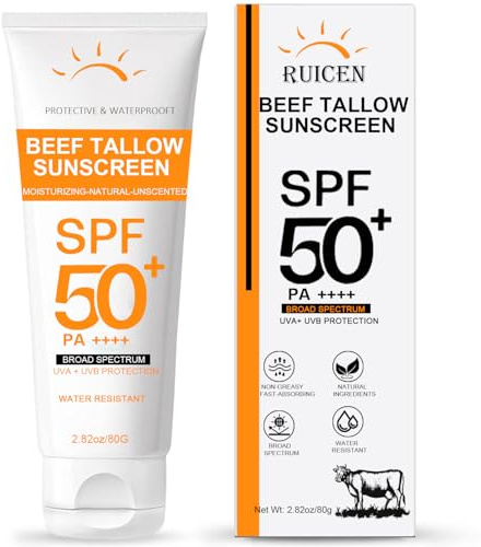 Mineral Sunscreen SPF 50, Tallow Sunscreen with Zinc Oxide and Face and Body Sun Cream -Non Greasy Formula, No White Cast, Reef Safe - UVA/UVB Suncream for Sensitive Skin- Water-Resistant - 80g