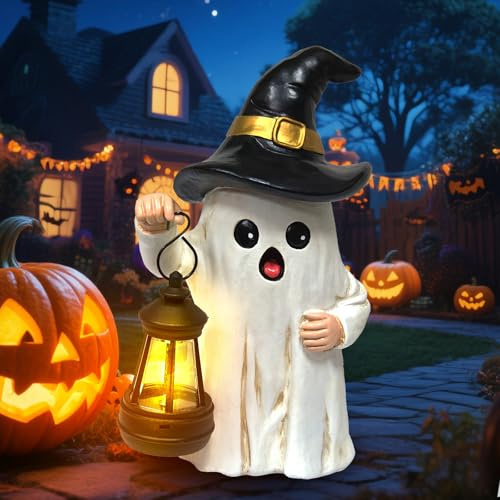 lifemet Ghost Halloween Decorations Statue - Cute Black Hat Ghost Solar Lights statues Garden Ornaments Outdoor, Halloween Decor Yard Statues Porch Home Table bookShelf decorations