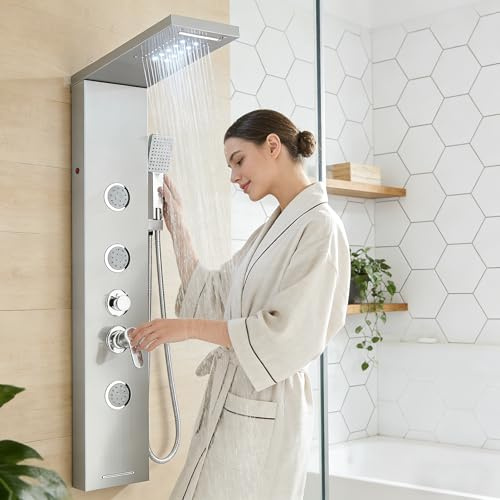 HARNART Sistema de Panel de Ducha con 5 Modos,Torre de Panel de Ducha LED,3 chorros de Masaje Corporal Pico de Bañera Cabeza de Ducha de Mano con Manguera de 1,5 m, Juego de Ducha,Cepillado