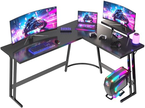 JUMMICO Escritorio Gaming de Esquina 170 x 130cm, Mesa Gaming en L con Soporte para Monitor, Mesa Gamer de Fibra de Carbono, Negro