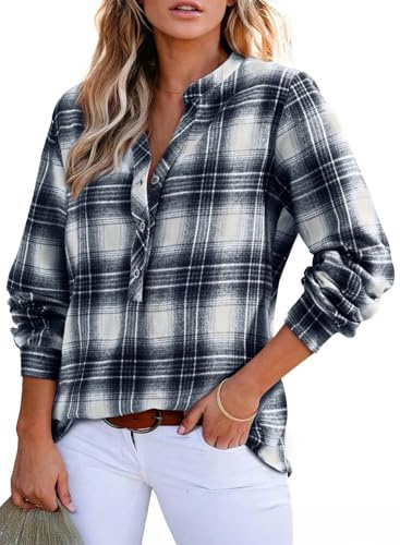 GRMLRPT Chemisier à Carreaux pour Femme à Boutons Blouse Femmes Manche Longue Chemise Col en V Décontracté Pulls Automne Printemps(Multicolore,S-XXL)