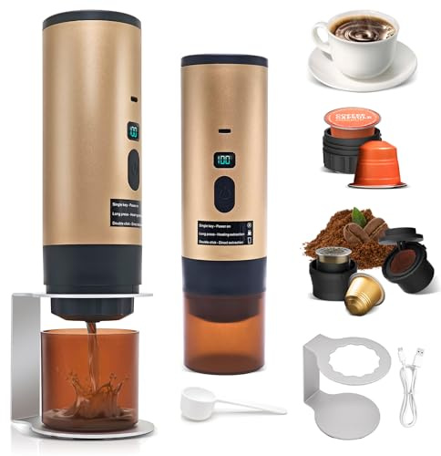 Sonnenspark Caffettiera Portatile 3-in-1, Macchina Caffè Portatile Ricaricabile, Compatibile con NS/DG/Caffè Macinato, Pocket Coffee con Batteria 7800mAh, per Auto, Ufficio, Campeggio (Oro)