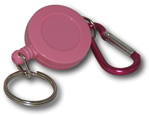 EPOSGEAR Retractable Reel Recoil Pull Key Ring Chain Cord Carabiner Belt Clip Ski Pass ID Card Badge Holder (1 Pack, Pink - Keyring)