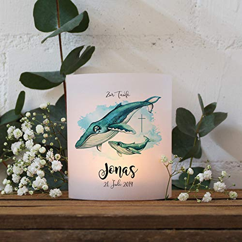 Teelichthüllen zur Taufe 2er 4er Set für Windlichter Teelicht Lichthülle Hülle Wal Fisch mit Kind Kreuz + Wunschname Datum te153 - ausgewählte Menge: *4X Lichthüllen*