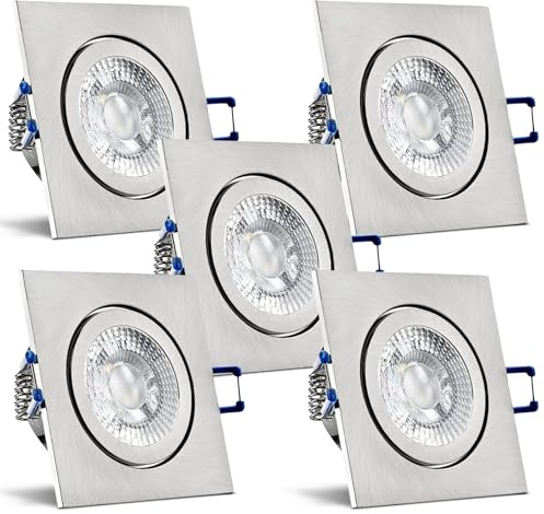 trendlights24 Mare IP44 Decken LED Bad Einbaustrahler flach 230V 5W 5er Set | Einbauleuchte, ultra flach, 35 mm ET, LED Spot, 400lm, 4000k, Neutralweiß, Edelstahl Optik gebürstet, eckig, Feuchtraum
