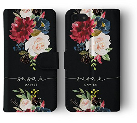 Tirita Personalised Initials Custom Wallet Leather Flip Phone Case Compatible with iPhone 11 PRINTED GLITTER, NOT REAL GLITTER Watercolour Floral Spring Summer Flowers Peony Roses