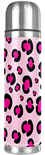 Girly Pink Rosy Leopard Print Thermosflasche Vakuum Isolierte Wasserflasche Kompakt Edelstahl Kaffee Reisebecher 500 ml