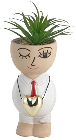 Baroni Home Vase aus Keramik mit Gesicht, Vase mit Kunstpflanze inklusive, moderne Dekoration, handbemalt, Figur für Innen- oder Außenbereich, 11 x 11 x 32 cm, mittelgroß