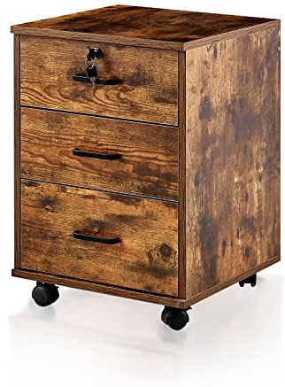 TUKAILAI Rollcontainer Abschließbar mit 3 Schubladen, Aktenschrank unter Schreibtisch, Büroschrank mit Rollen, Dokumente in DIN-A4, Legal, Letter-Format, Büromöbel, Büro,Braun