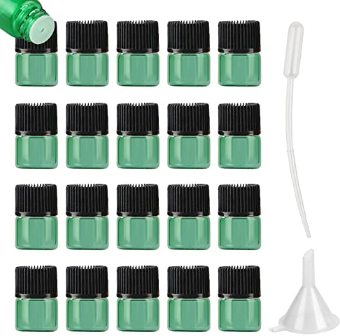 ZEOABSY 20 Pezzi Mini Bottiglietta di Vetro per Oli Essenziali da 1 ml Verde Bottiglia con Riduttore e Tappo Nero, Contenitori di Aromaterapia, Bottiglia Campione Viaggio