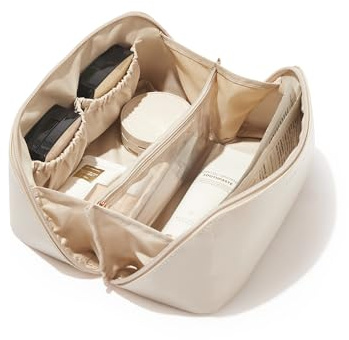 EACHY Travel Makeup Bag, Large Capacity Cosmetic Bags for Women, Waterproof Portable Open Flat Toiletry Bag Make up Bag with Divider and Handle, Christmas Gifts (White, Medium)