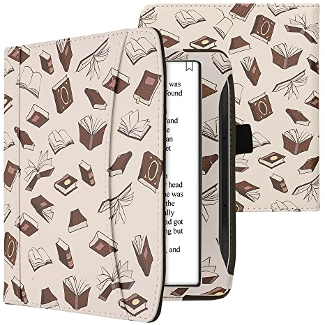 kwmobile Flip Hülle kompatibel mit Pocketbook Era/Era Color - Vorderfach Handschlaufe - Bücher und Seiten Beige Braun Gold