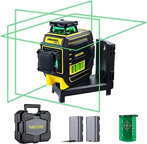 Firecore Laser Level, self-Leveling Laser 3x360 Degrees Green, line Laser with Magnetic Laser Mount, Construction Laser with 2 Li-Ion Batteries and Toolbox (F94T-XG)