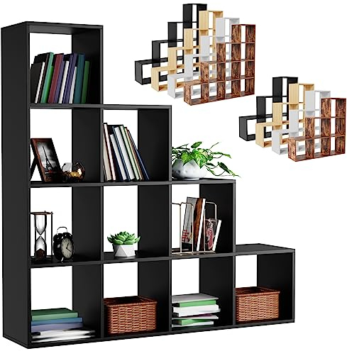 MIADOMODO® Treppenregal - Schwarz, 10 Fächer, 129,5x29x129,5 cm, für Wohnzimmer, Stabil, Offen, Freistehend, Indoor, aus MDF-Platte - Stufenregal, Raumteiler Regal, Bücherregal, Standregal