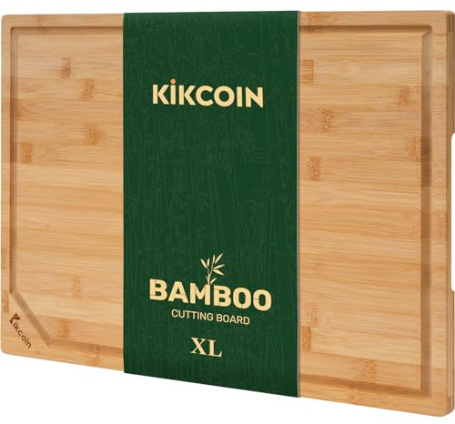 Kikcoin 17”×11” Bamboo Cutting Boards for Kitchen, Healthy Wooden Cutting Boards for Kitchen, Charcuterie, Vegetables, Cheese, Extra Large Chopping Boards with Deep Juice Groove and Handle, Natural