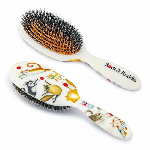 Rock & Ruddle Natural Mixed Boar Bristle Hair Brush for Women and Kids (Large 21 cm) - Perfect for Wet or Dry Hair, Detangling Smoothing Blowdrying - Designed & Made in UK - Cute Cats