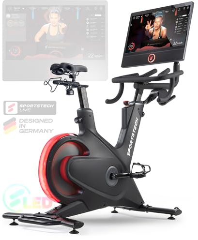Sportstech Heimtrainer + 21.5 Touch Display - Deutsche Qualitätsmarke - APP mit Live Workouts & Kursen Fitnessbike mit patentierter LED Technologie, Ergometer, sBike