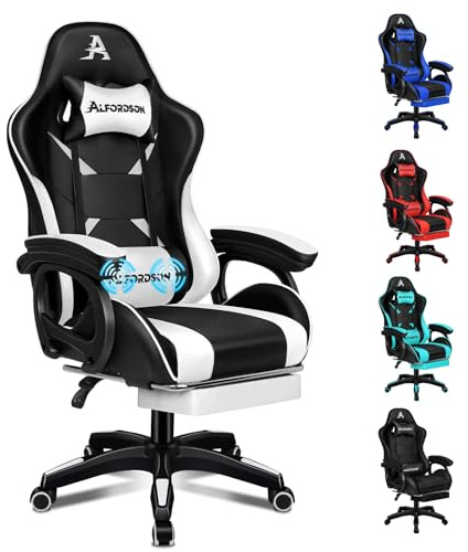 ALFORDSON Gaming Stuhl Massage Gamer-Stühle,ergonomischer Bürostuhl Computerstuhl einziehbar Fußstütze,ergonomisch Schreibtischstuhl bis 180 kg,360° Drehstuhl Rückenlehne90-150° neigbar,PU-Leder Weiß