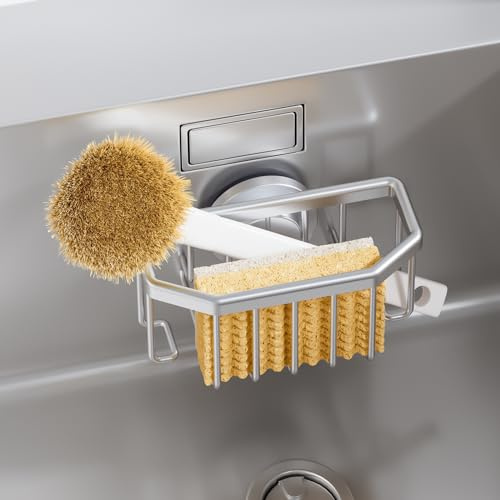 TAILI Sponge Holder for Kitchen Sink, Sink Caddy with Suction Cup - Silver | Sponge Holder for Kitchen Sink for Dishcloth, Brush, Stopper, Wall Mounted, Adhesive Free, No Drilling, Quick Drainage