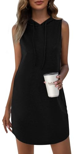 WNEEDU Abito Estivo Mini Abito Felpa da Donna Abito Senza Maniche con Coulisse e Cappuccio Nero L