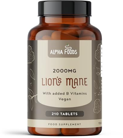 Lions Mane 2000 mg | Criniere de Lion Champignon | 210 Comprimés Vegan | Hericium Erinaceus (12:1) | avec Poivre Noir + Vitamines B | Nootropic | Santé Cérébrale | Alpha Foods