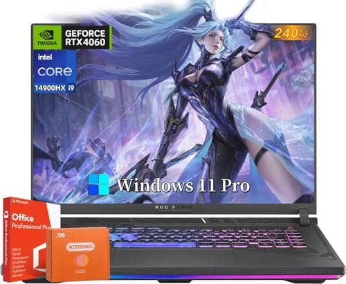 ASUS Ordinateur portable de jeu ROG Strix G16, avec licence à vie Office 2024, 16 po QHD+ 240 Hz, Intel i9-14900HX, GeForce RTX 4060, 64 Go de RAM DDR5, 1 To SSD, Ko rétroéclairé, Windows 11 Pro, avec