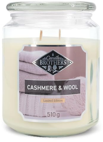 Candle Brothers Vela aromática grande en tarro de cristal, de cachemira y lana, vela perfumada de cachemira, larga duración (100 h), vela con varias mechas, velas blancas