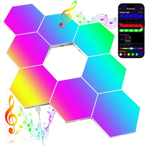 Kangtaixin Grandi Luci LED Esagonali da Muro - Set di 8 Pannelli RGB Modulari per Gaming, Sincronizzazione Musicale, Lampada Decorativa per Parete, Stanza e Ufficio